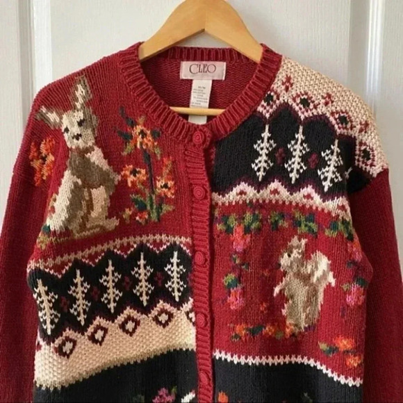 Vintage  Cleo Cardigan Animal Embroidered Grandma Sweater Red Blue Size Medium - Picture 7 of 16